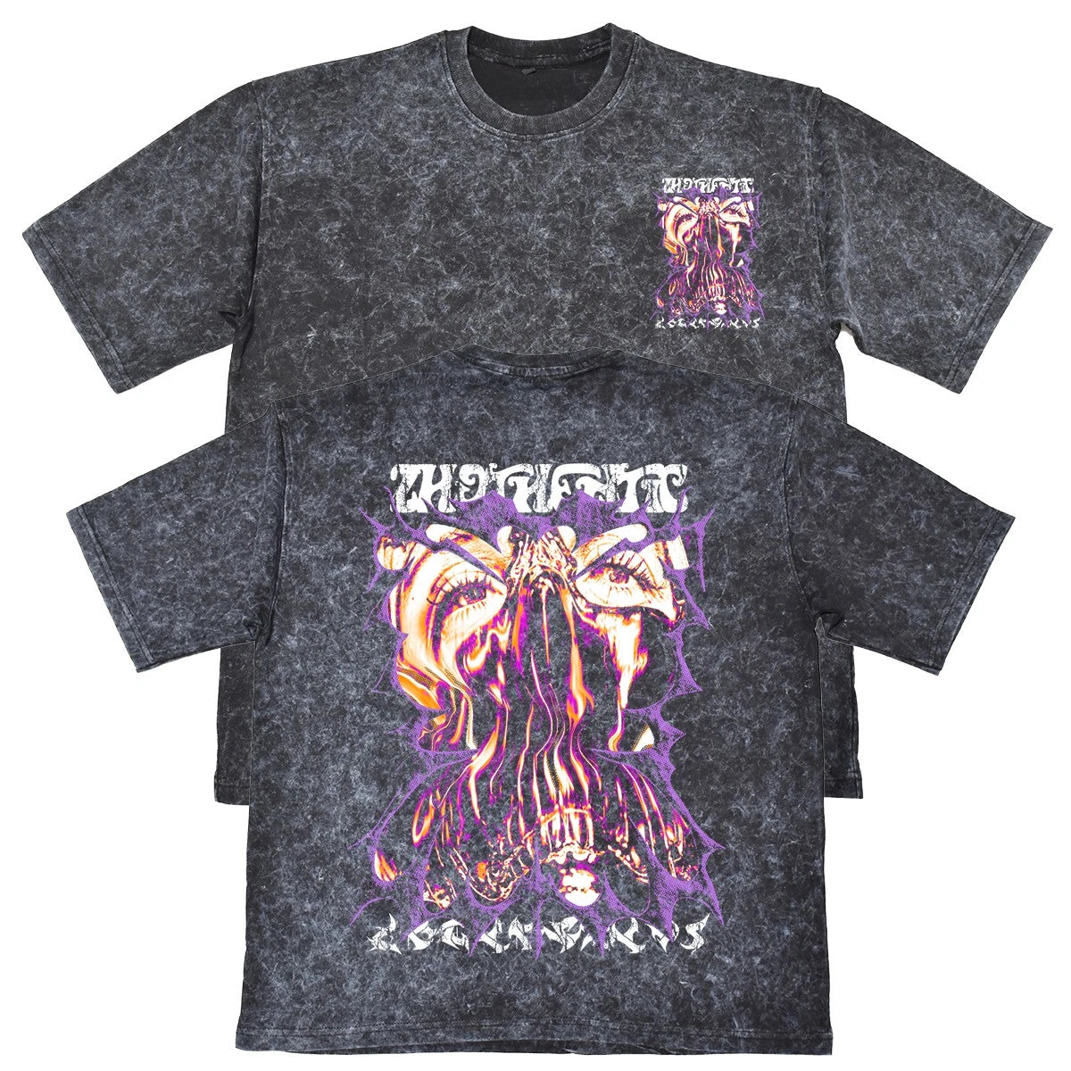 Thought Y2K Unisex Mens Carbon Grey 240gsm French Terry Acid Wash T-Shirt Grunge