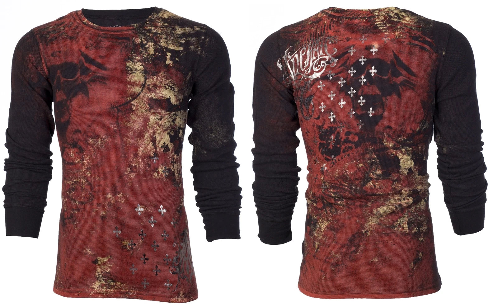 Archaic by Affliction Men's Thermal Shirt BRASS Skull Biker Black