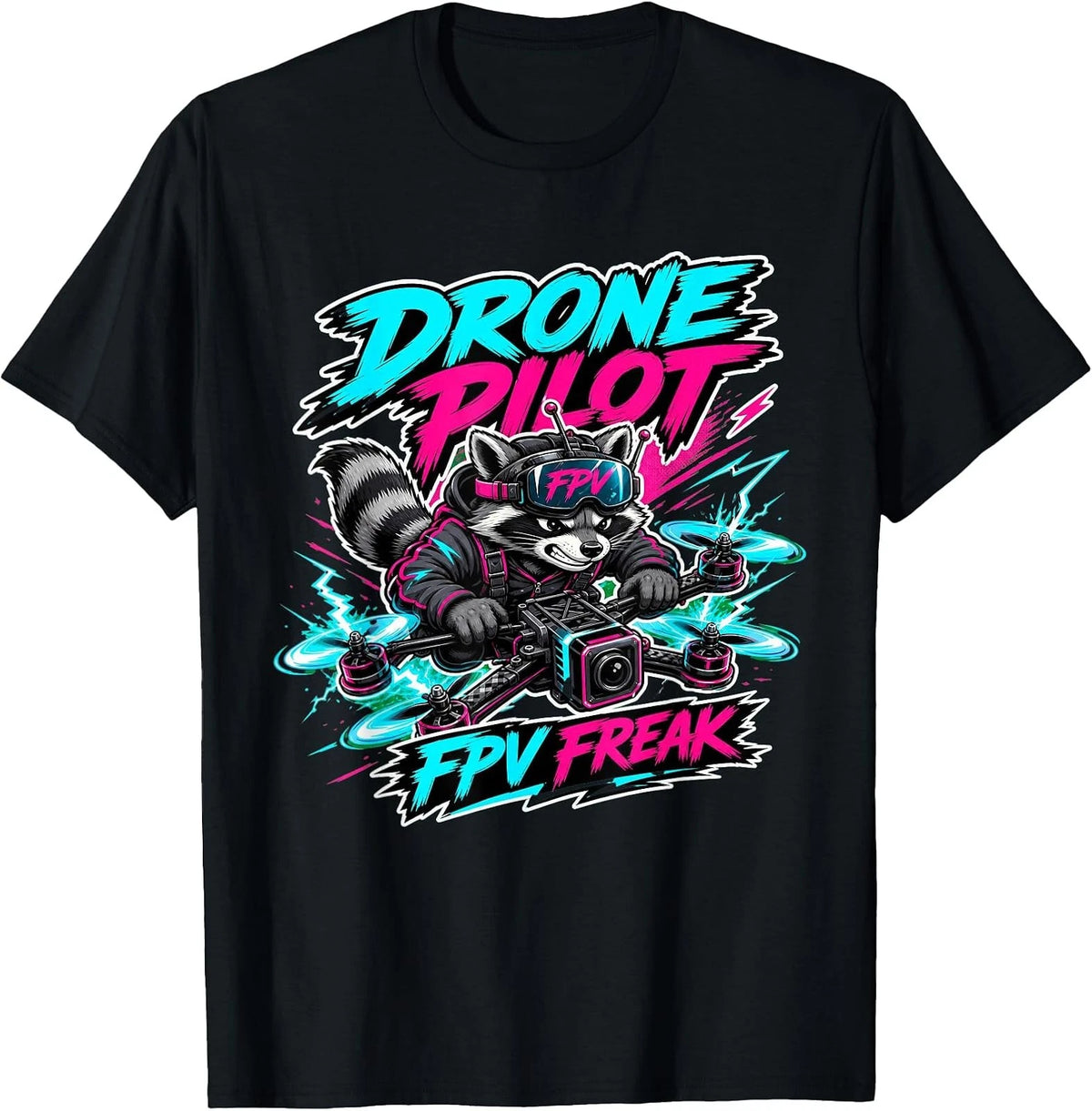 FPV Drone Pilot Raccoon Goggles Graphic Tee for Quadcopter Enthusiasts