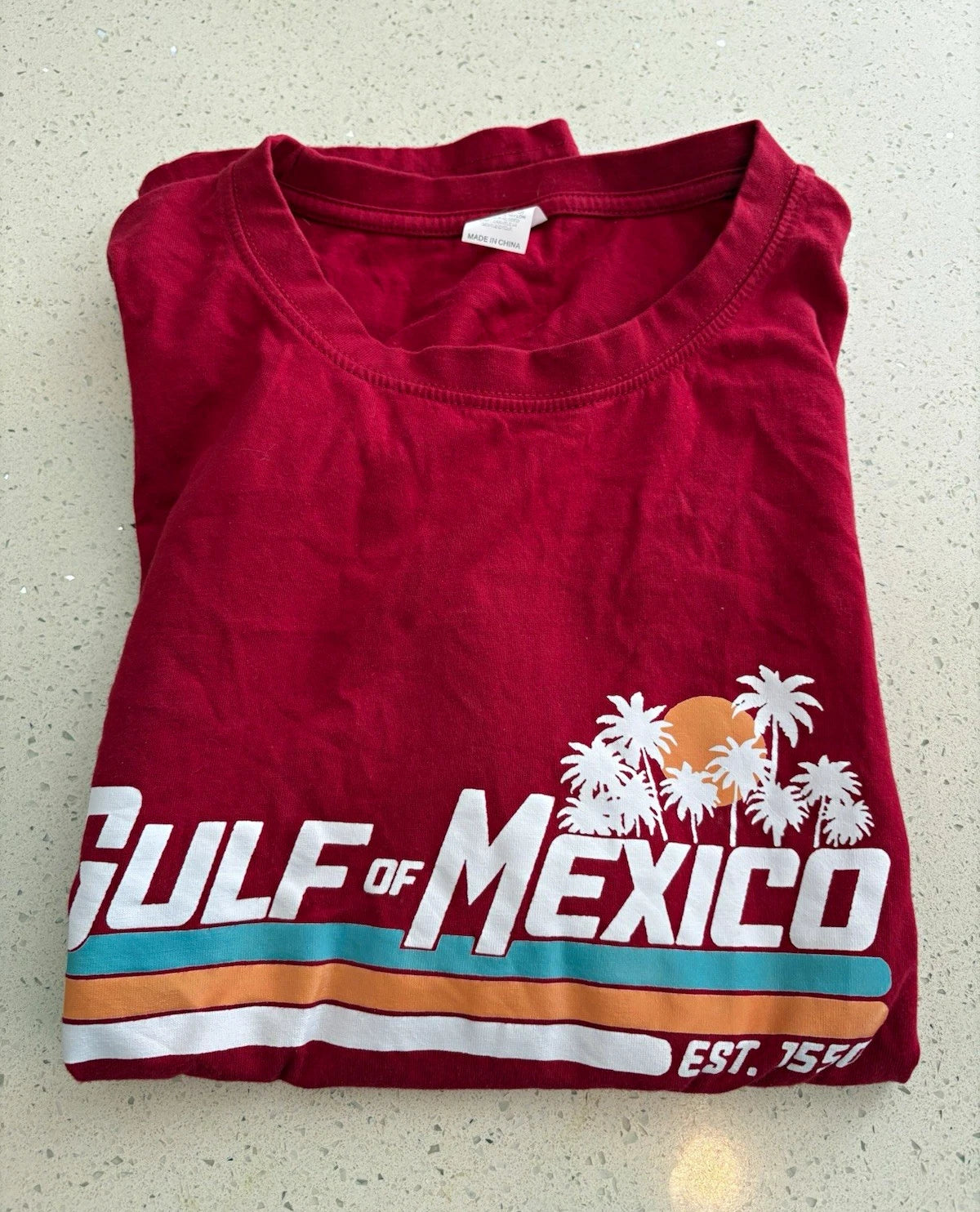 Gulf of Mexico Est 1550 Retro Sunset Palm Tree Graphic T-Shirt Red Men's XL