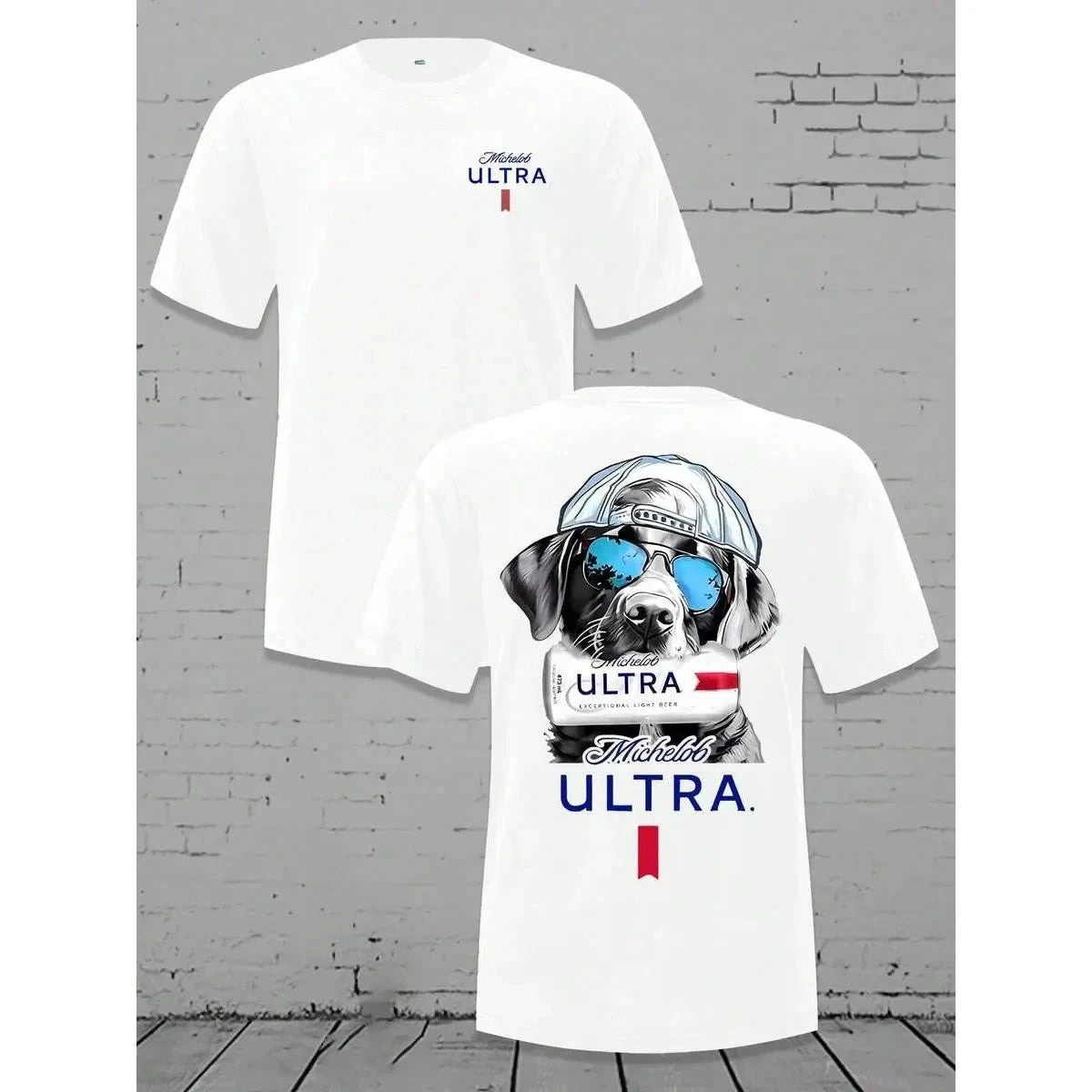 Men's Loose Crewneck T - Shirt - Michelob Ultra Cool Dog (Sunglasses & Cap) Grap
