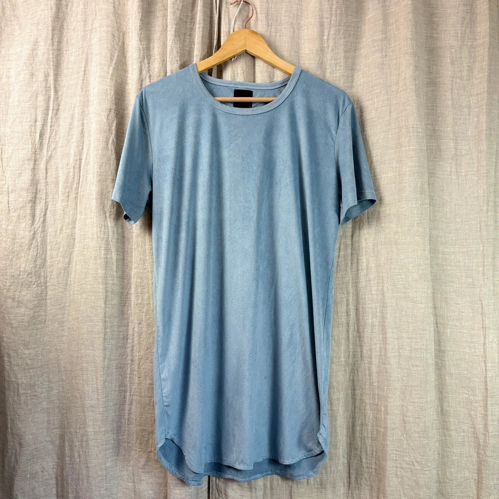 Mens Blue Suede Look Longline T-Shirt Size L Minimalist Soft Stretch Streetwear