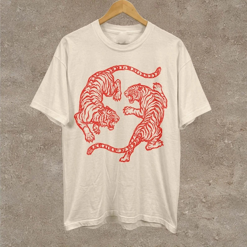 Japanese Fighting Tigers Tee Vintage Tattoo Art Graphic Shirt Retro Tiger Lover