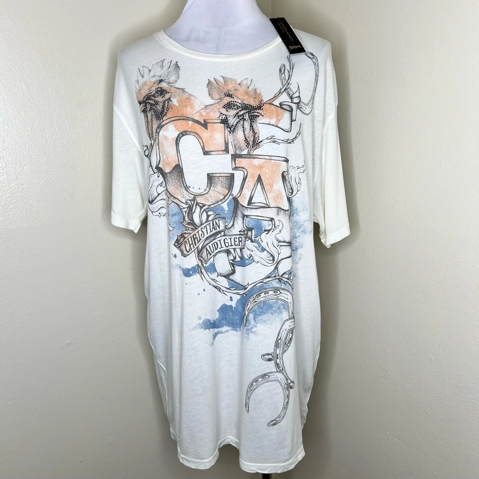 Christian Audigier Graphic Tee 2XL Unisex Crew Neck Cream Vintage Streetwear New