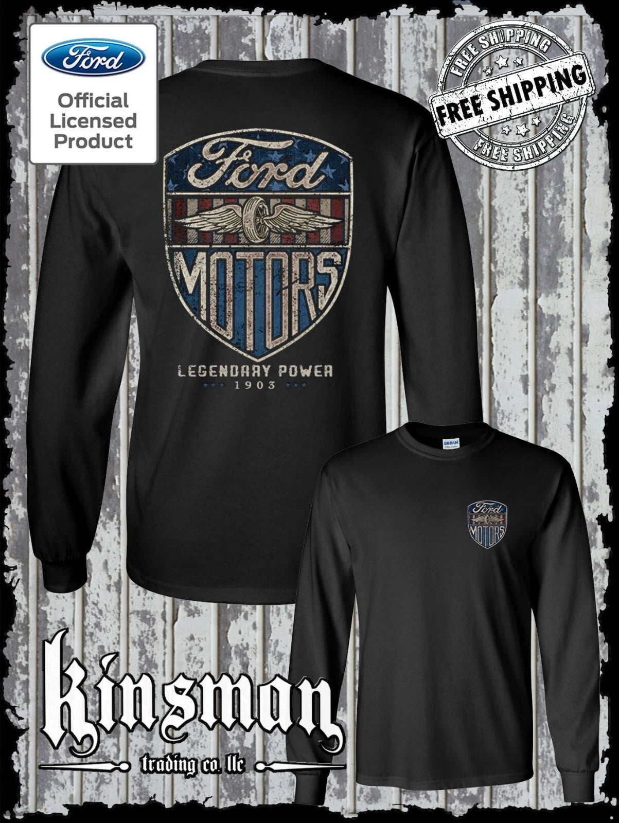 Ford Motors Legendary Power Retro Vintage Style Logo 2-Sided Long Sleeve T-Shirt