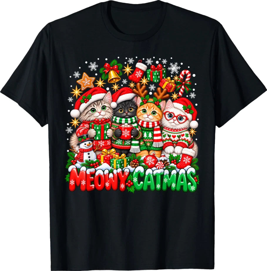 Meowy Catmas Cat Christmas Cute Kitten Cats Santa Hat Xmas T-Shirt