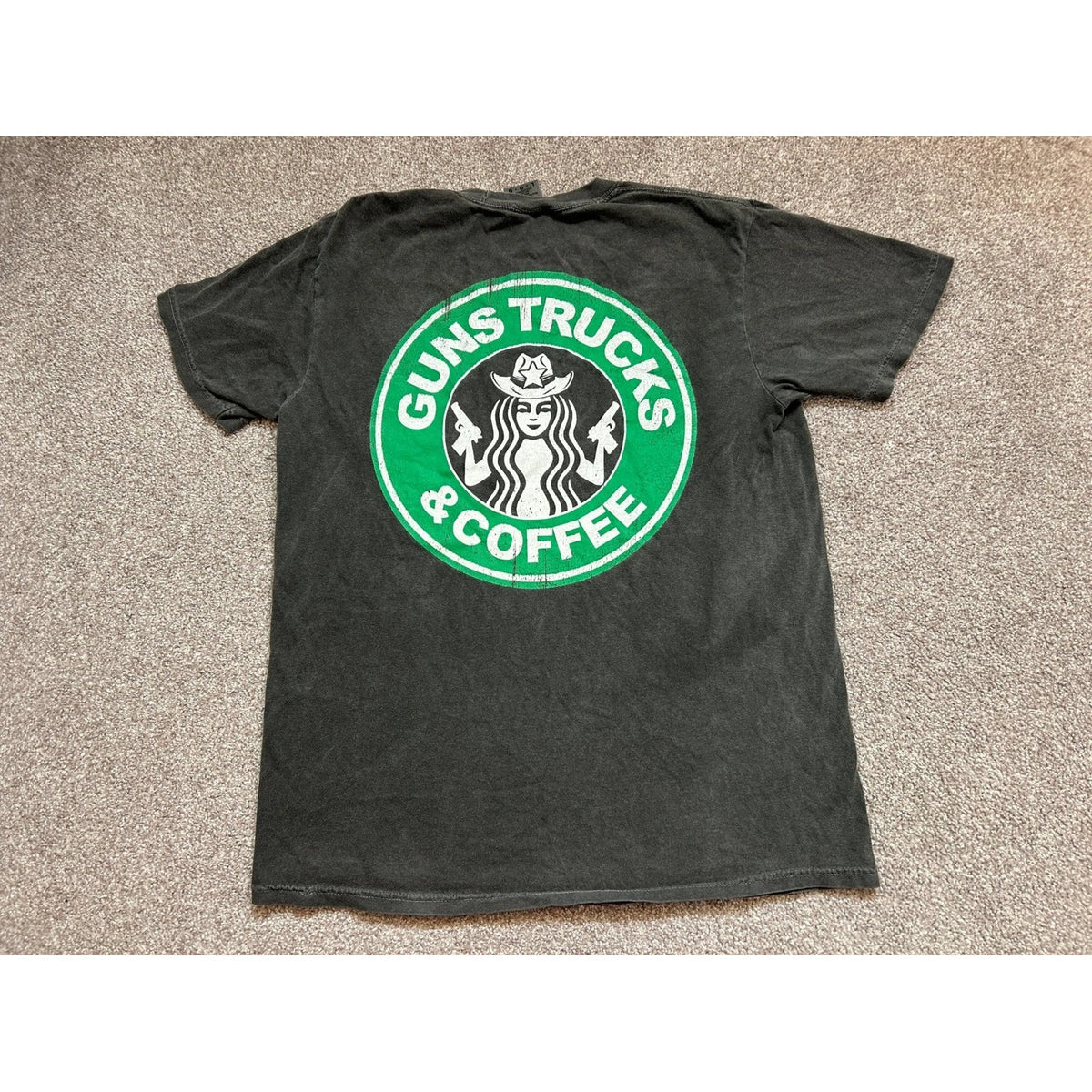 Comfort Colors Graphic T-Shirt Mens Large Black Excellent Guns Trucks Coffee Tee Image 1 of 4