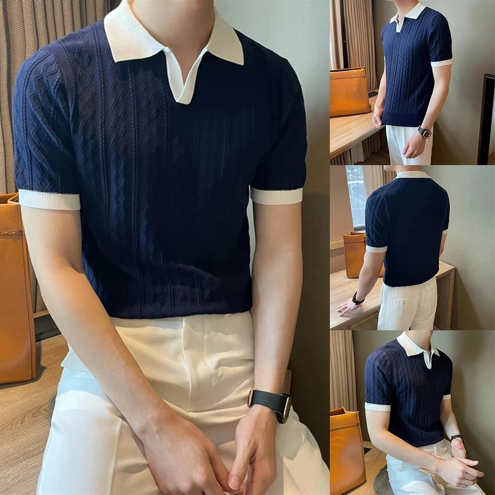 Trendy Men's Short Sleeve Color Block Knit T shirt for Urban Streetwear
