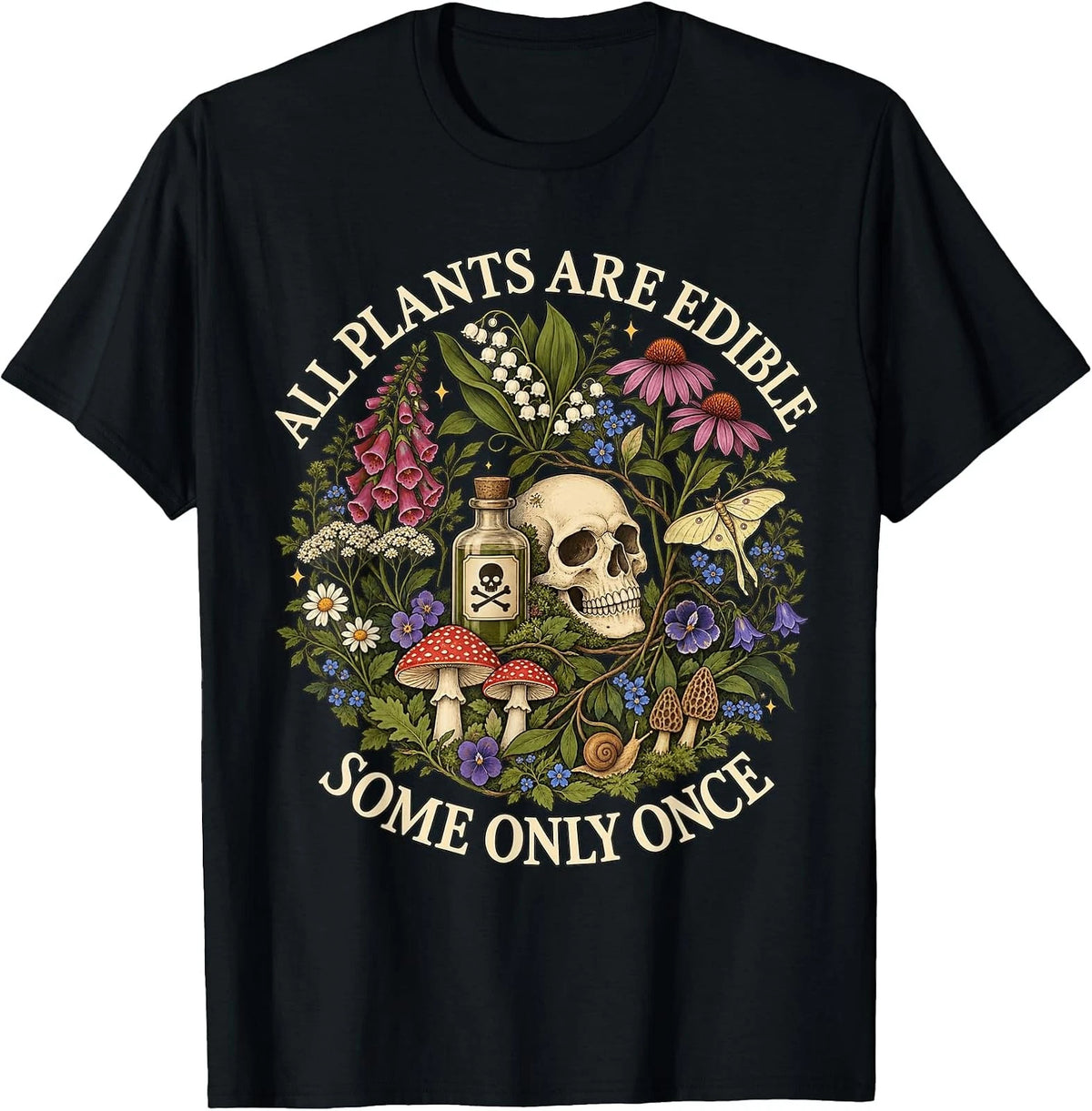 Botanical Foraging T-Shirt Featuring Skull and Mushroom Design Image 1 of 4
