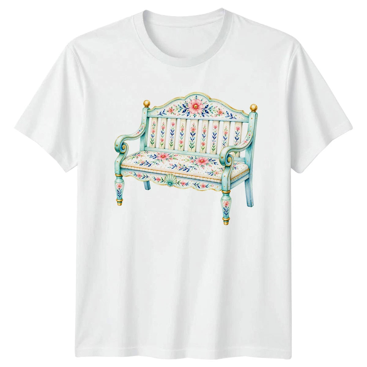 Preppy Coastal Floral Bench Womens T-Shirt Preppy Aesthetic Coastal Birthday