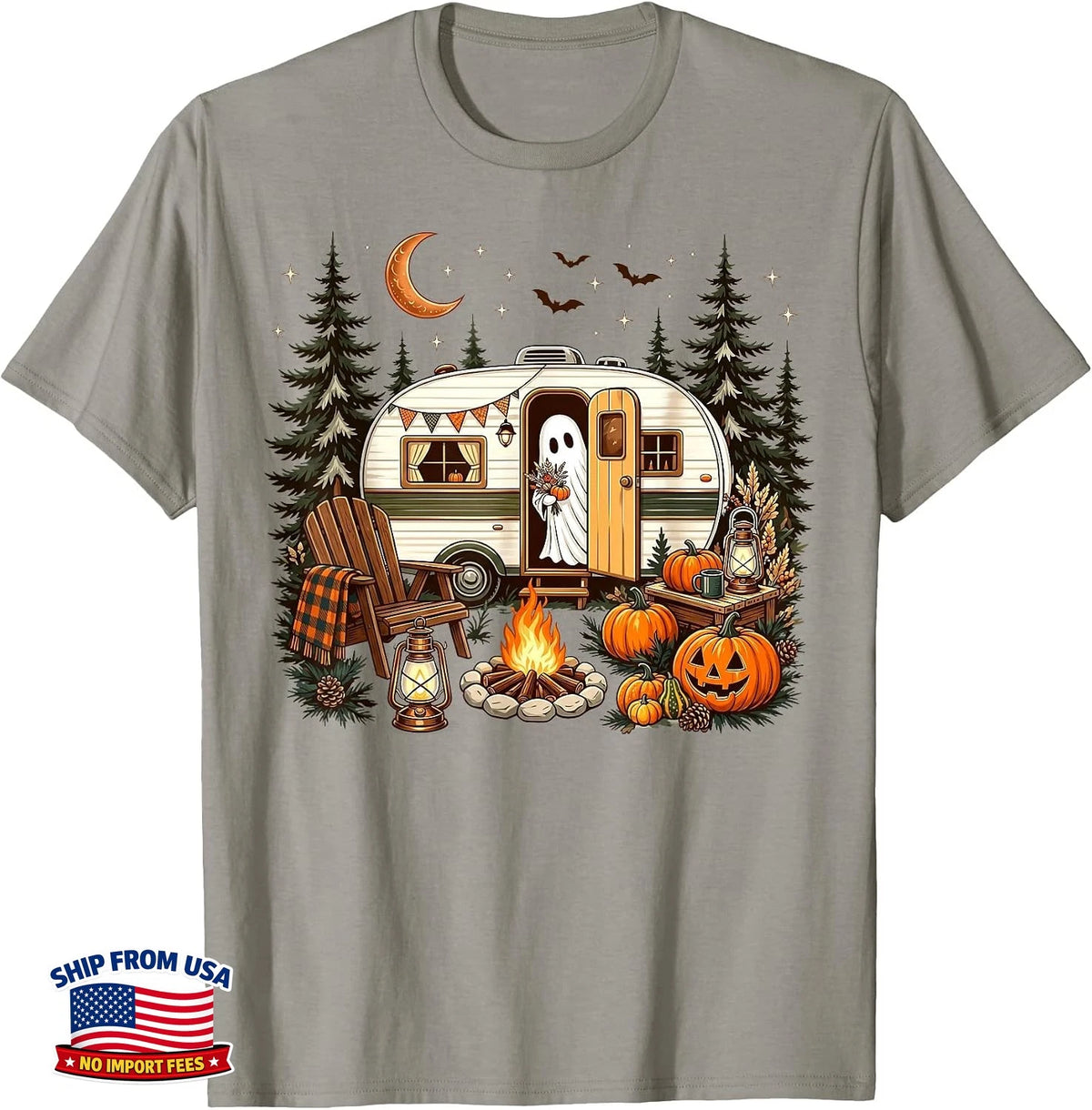 Halloween Ghost Fall Rv Camping Autumn Moon Night T-Shirt Funny Spooky Season