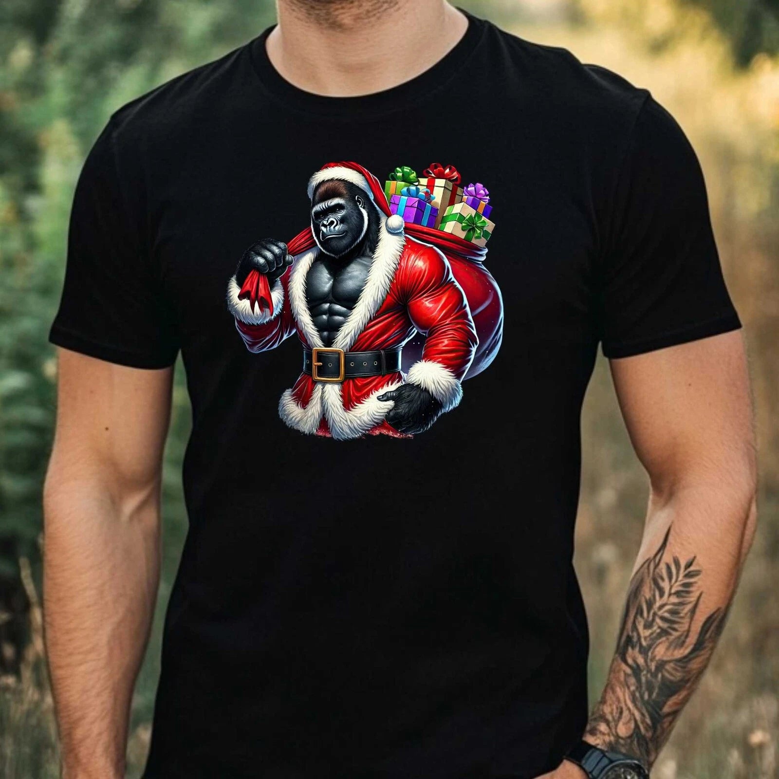 Mens Christmas Gorilla Theme Cotton T-Shirt Size XS to 5XL