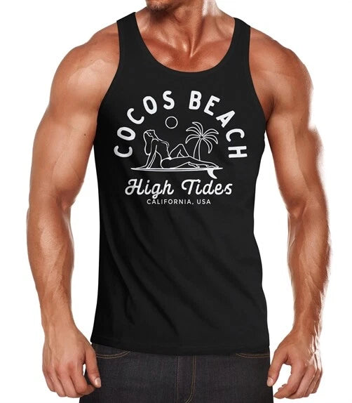 Mens Tank Top Line Art Outline Cocos Beach Print Muscle Shirt Muscle Shirt