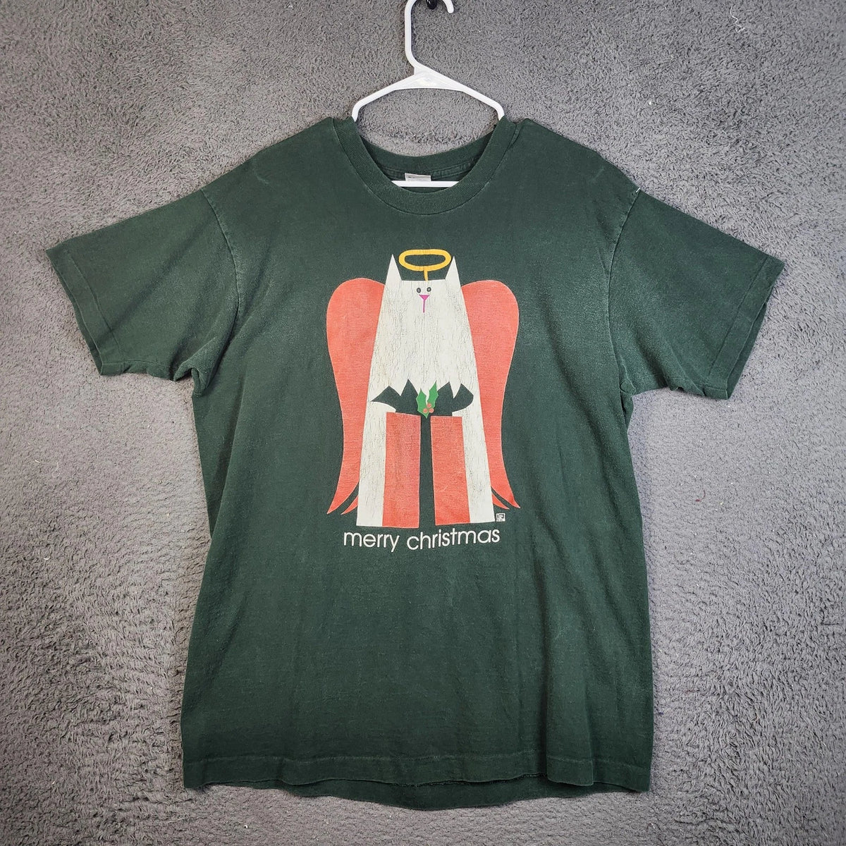 Vintage Merry Christmas Angel Cat Graphic Shirt Mens XL Green Fruit Loom 90s USA