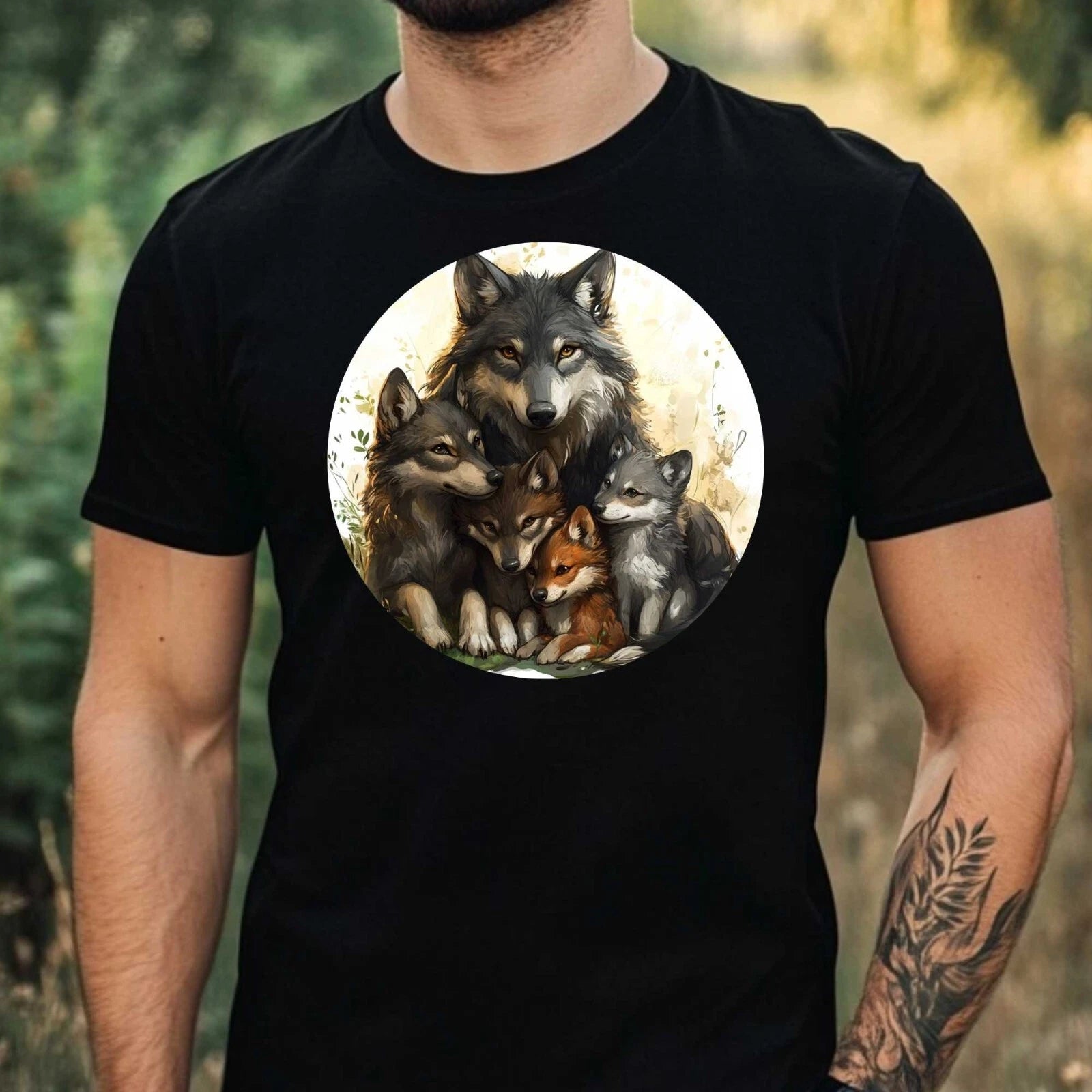Mens Wolf Family Motif Cotton T-Shirt Size XS to 5XL