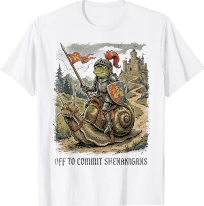 Funny Meme Off to Commit Shenanigans Frog Medieval Knight T-Shirt Image 1 of 2