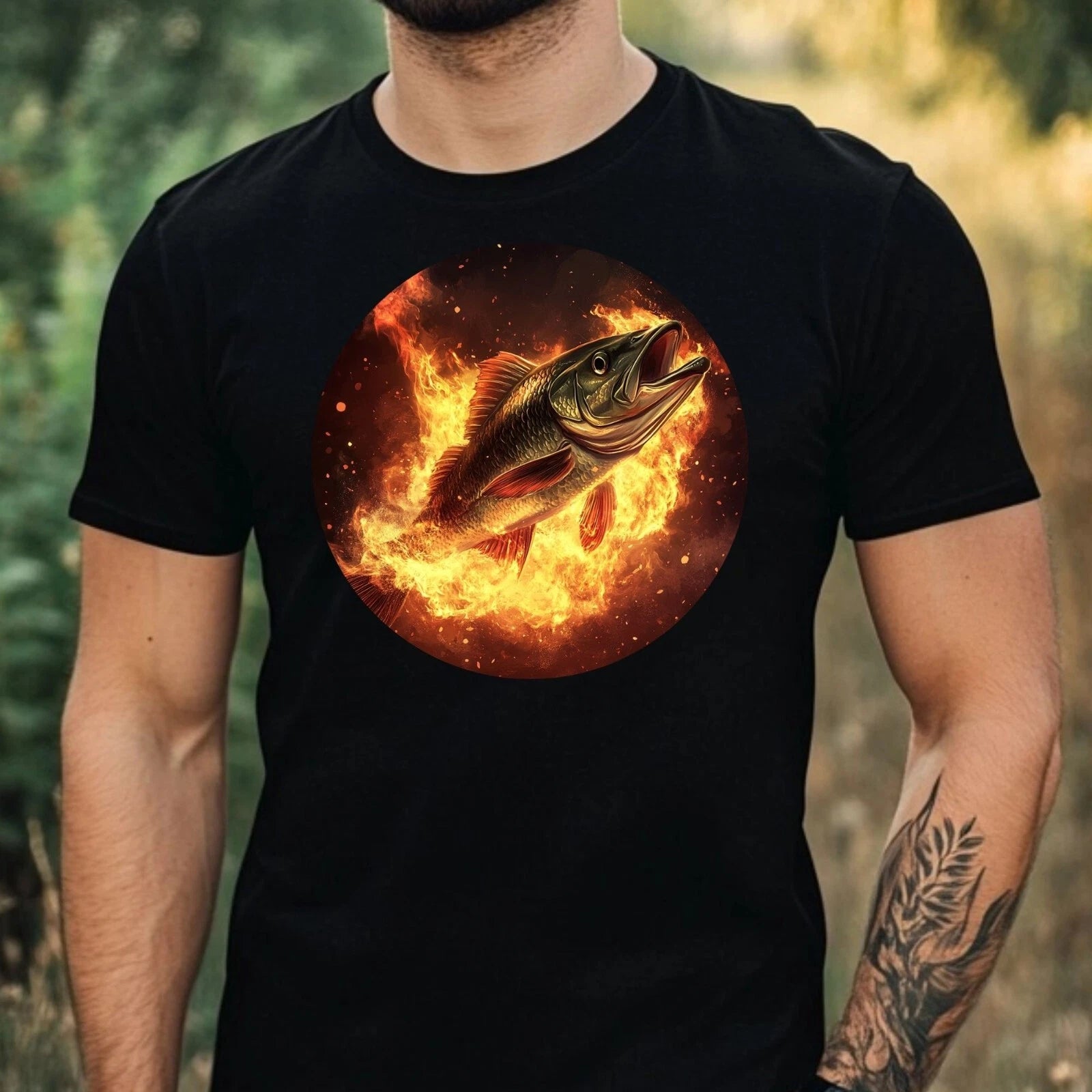 Mens Bass Fish On Fire Motif Cotton T-Shirt Size XS to 5XL