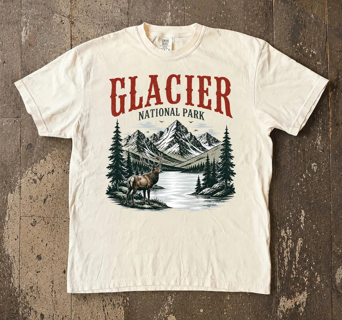 Glacier National Park Vintage Graphic Tee Retro Elk Lake Hiking Shirt Image 1 of 3