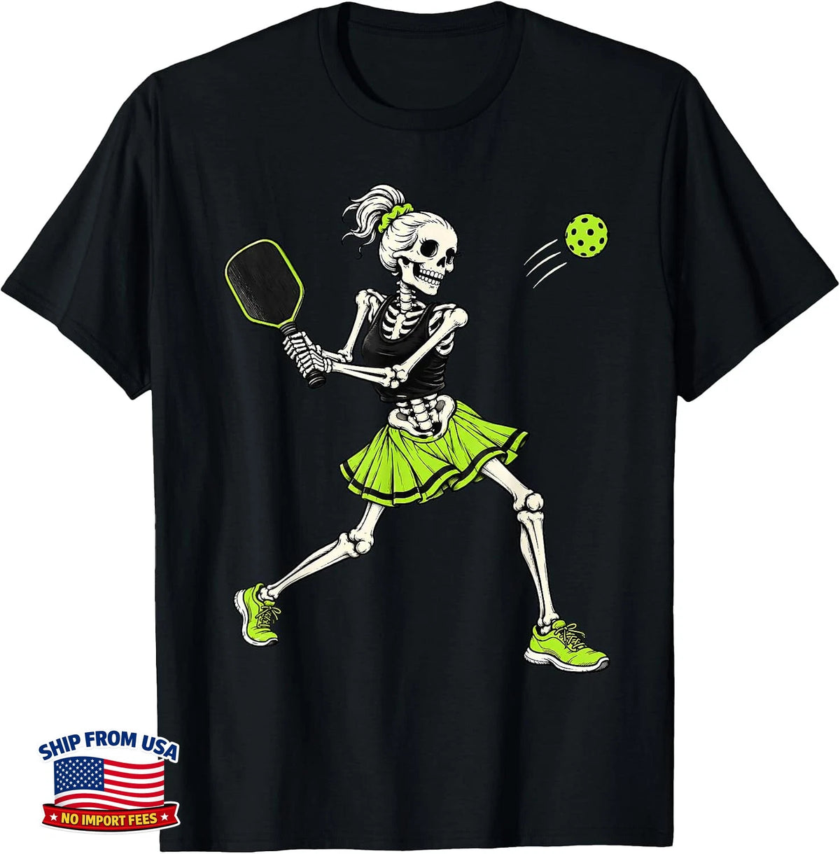 Funny Pickleball Skeleton Halloween Sport Spooky Women Girls T-Shirt
