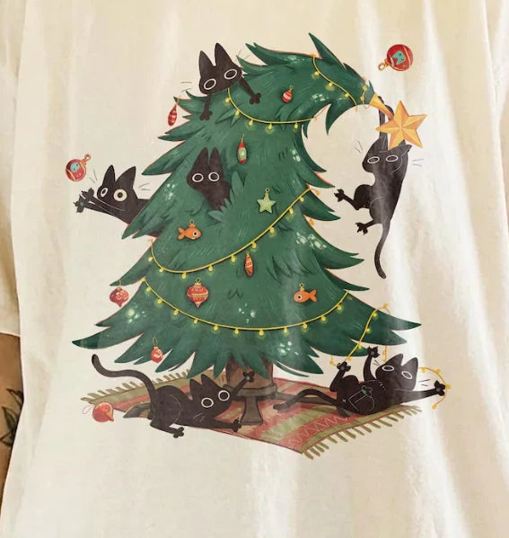 Christmas Tree And Black Cat Shirt Unisex Gift White