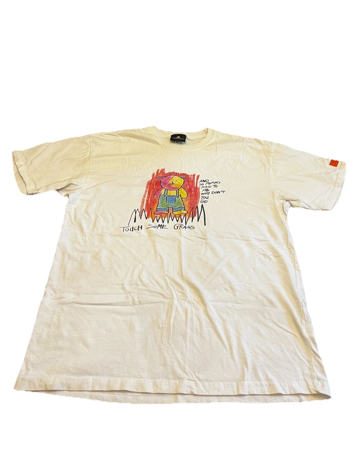 Teddy Fresh Bear T-Shirt White Large Touch Some Grass Crayon Colored Teddy Bear