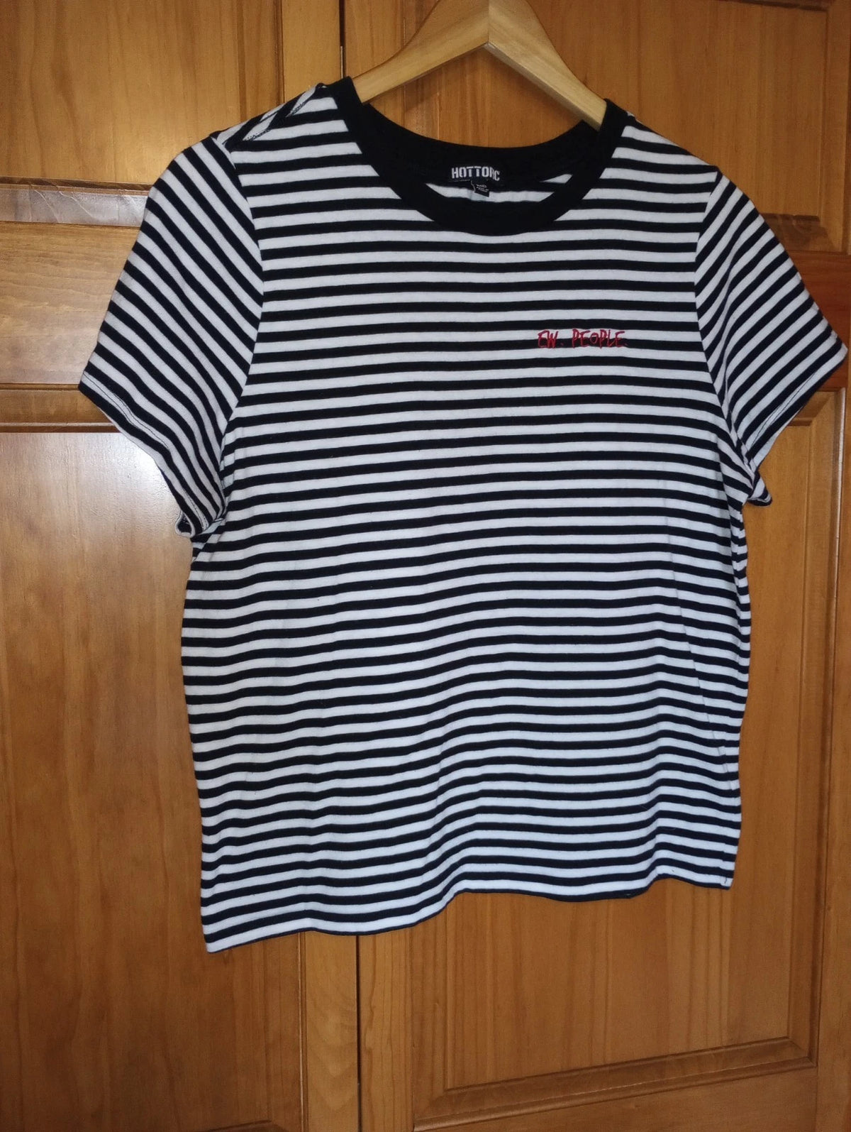 Hot Topic "Ew. People." embroider introvert shirt Black and White Stripe Sz Med.
