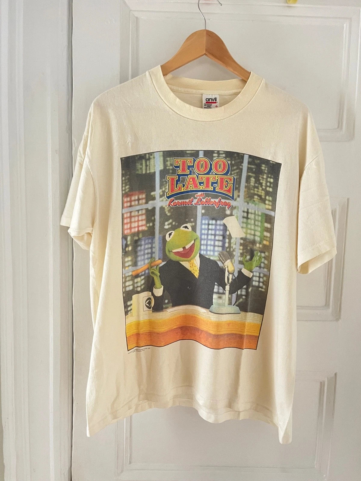 Vtg Kermit the Frog Too Late with Kermit Letterfrog T-Shirt David Letterman L