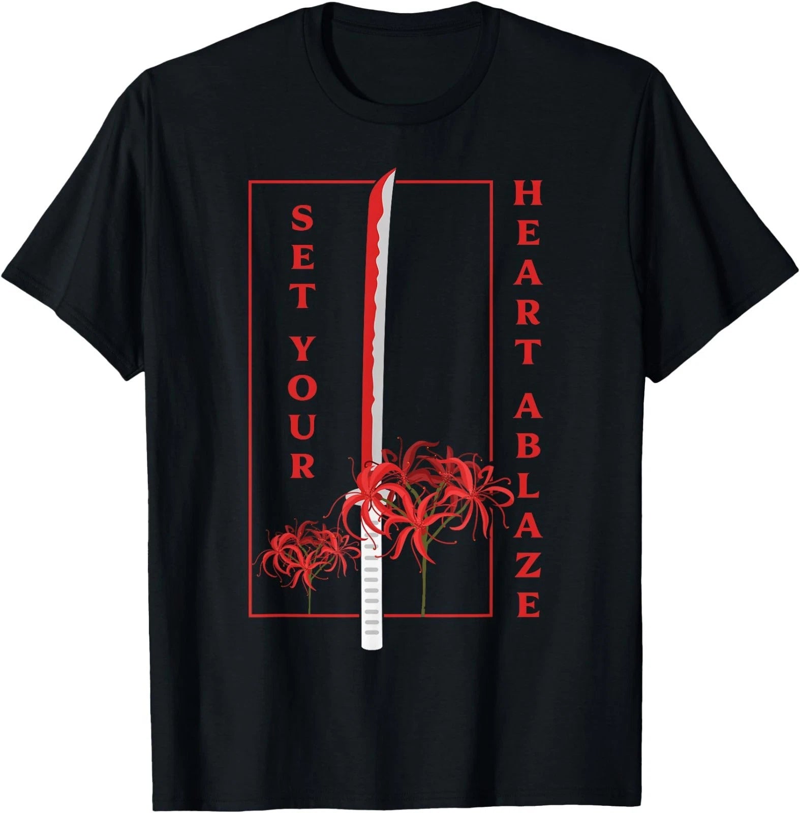Katana Set Your Heart Ablaze Japanese Anime Aesthetic Flower T-Shirt