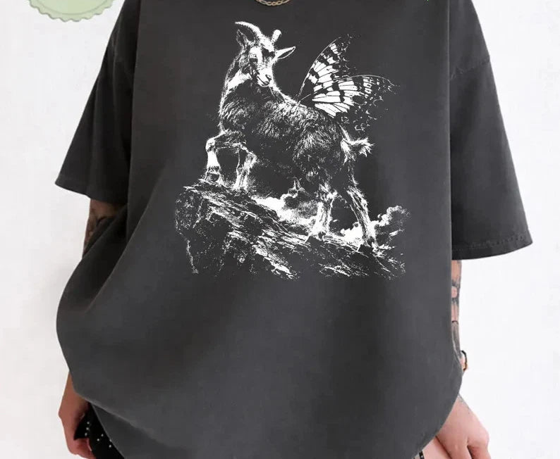 Dark Academia Goat Shirt, Gothic Butterfly Wings, Mystical Animal Tee