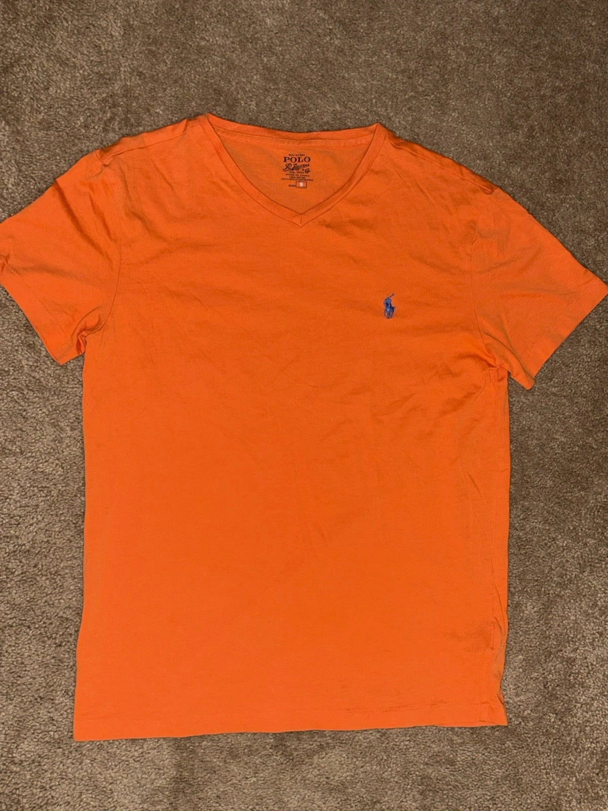POLO Ralph Lauren Shirt Mens Small Orange V-Neck T-Shirt Short Sleeve Blue Pony