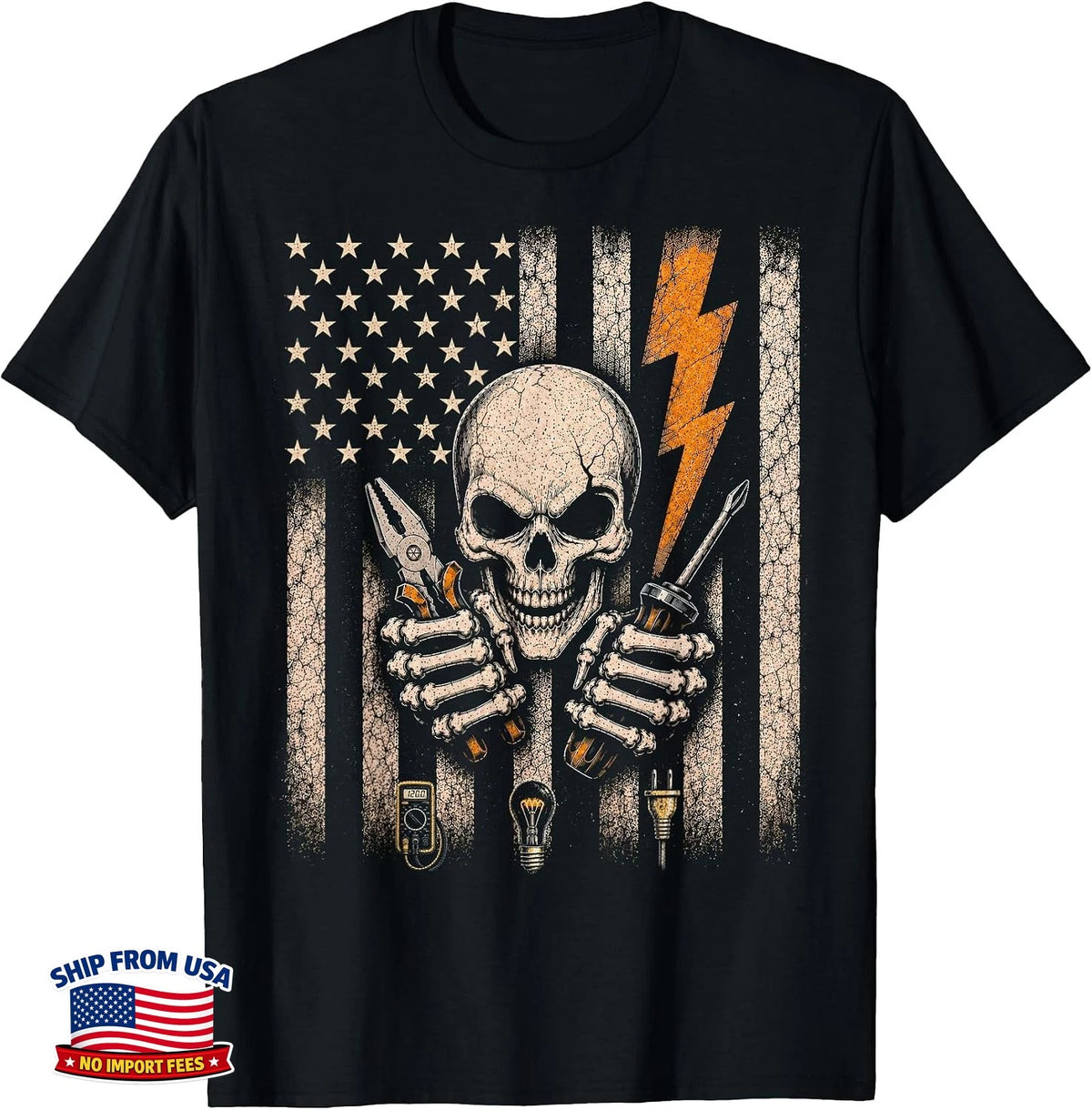 Electrician Skeleton US Flag Electrical Engineer T-Shirt