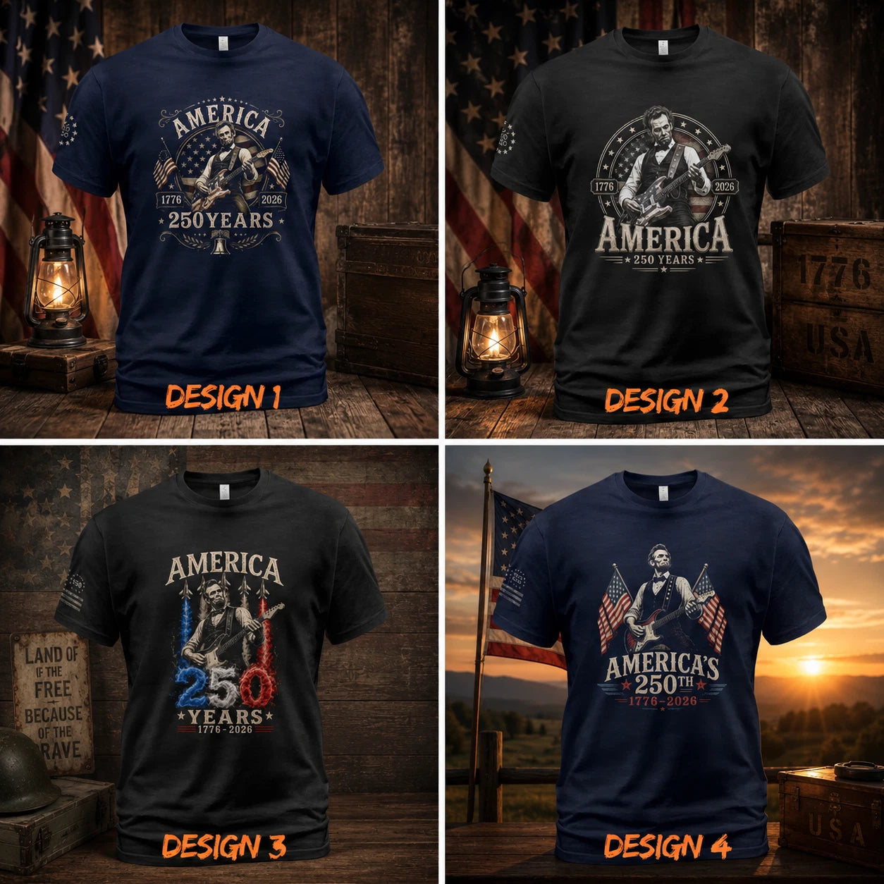 America 250 Years 1776-2026 Patriotic Guitarist T-Shirt Collection Size S-5XL