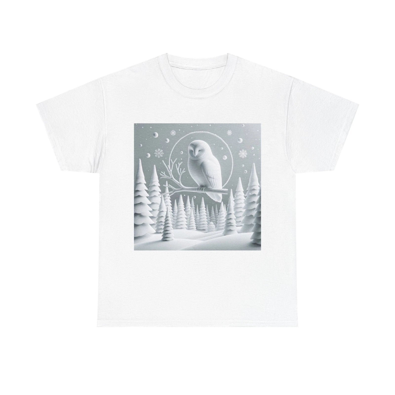 Unisex Adult T Shirt Minimalist Owl in Snowy Pine Forest