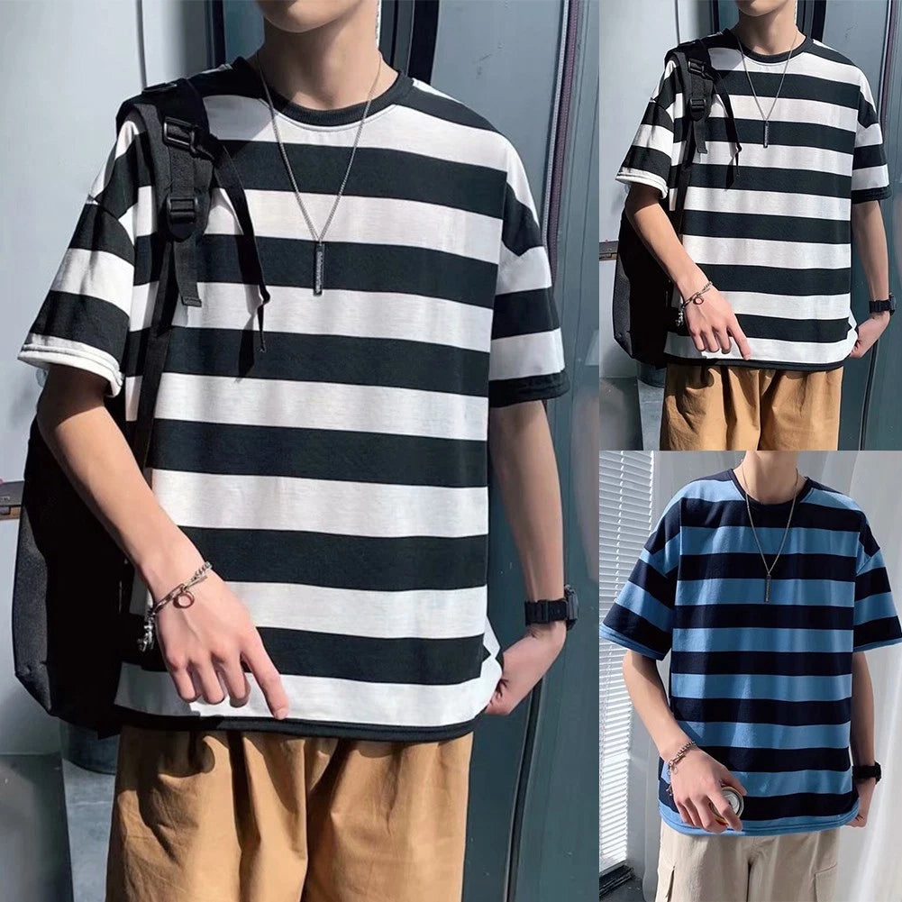 Trendy Men's Korean Style Pullover Top with Striped Design and Short Sleeves