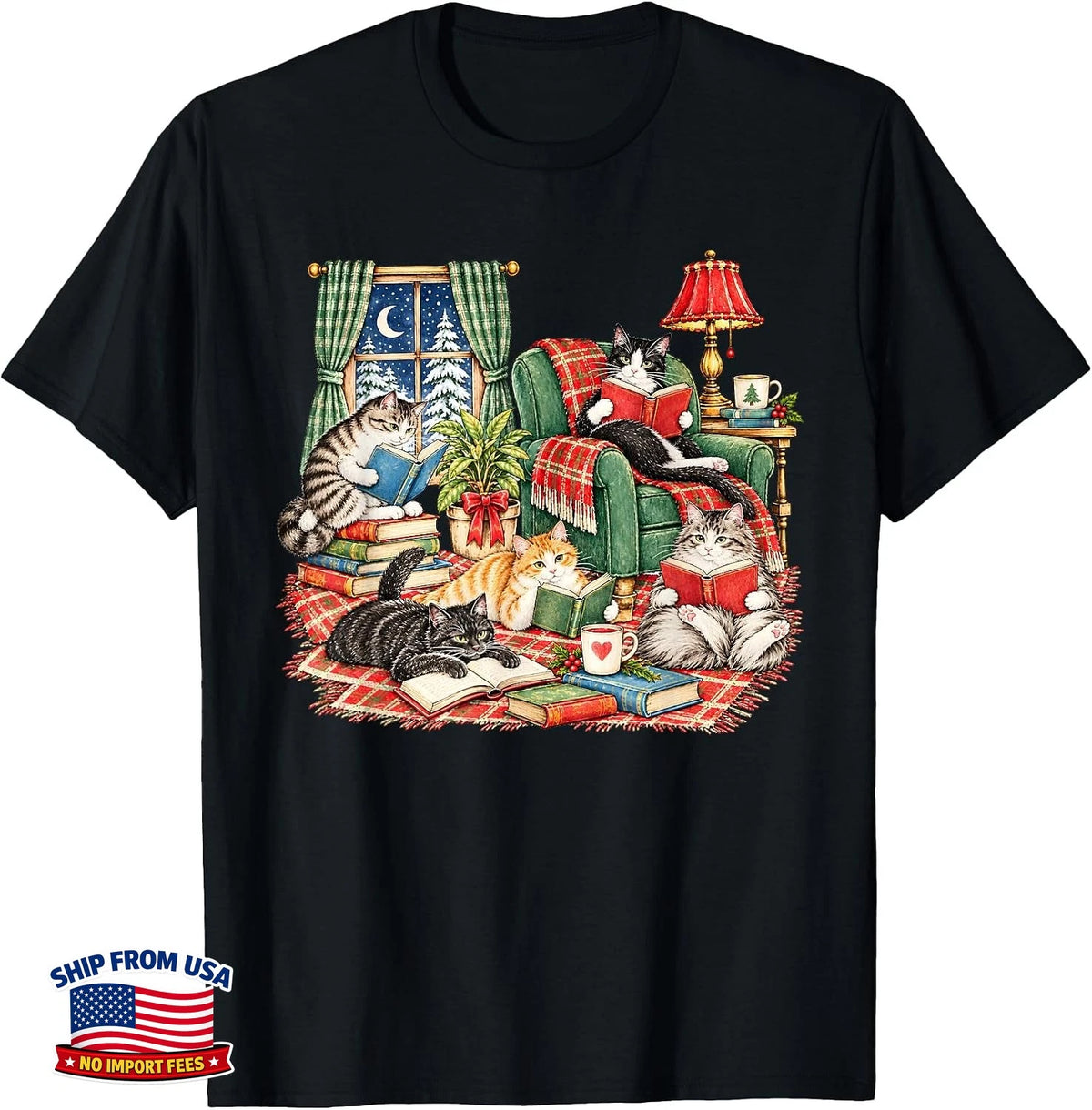 Cozy Christmas Cats Reading Books Winter T-Shirt