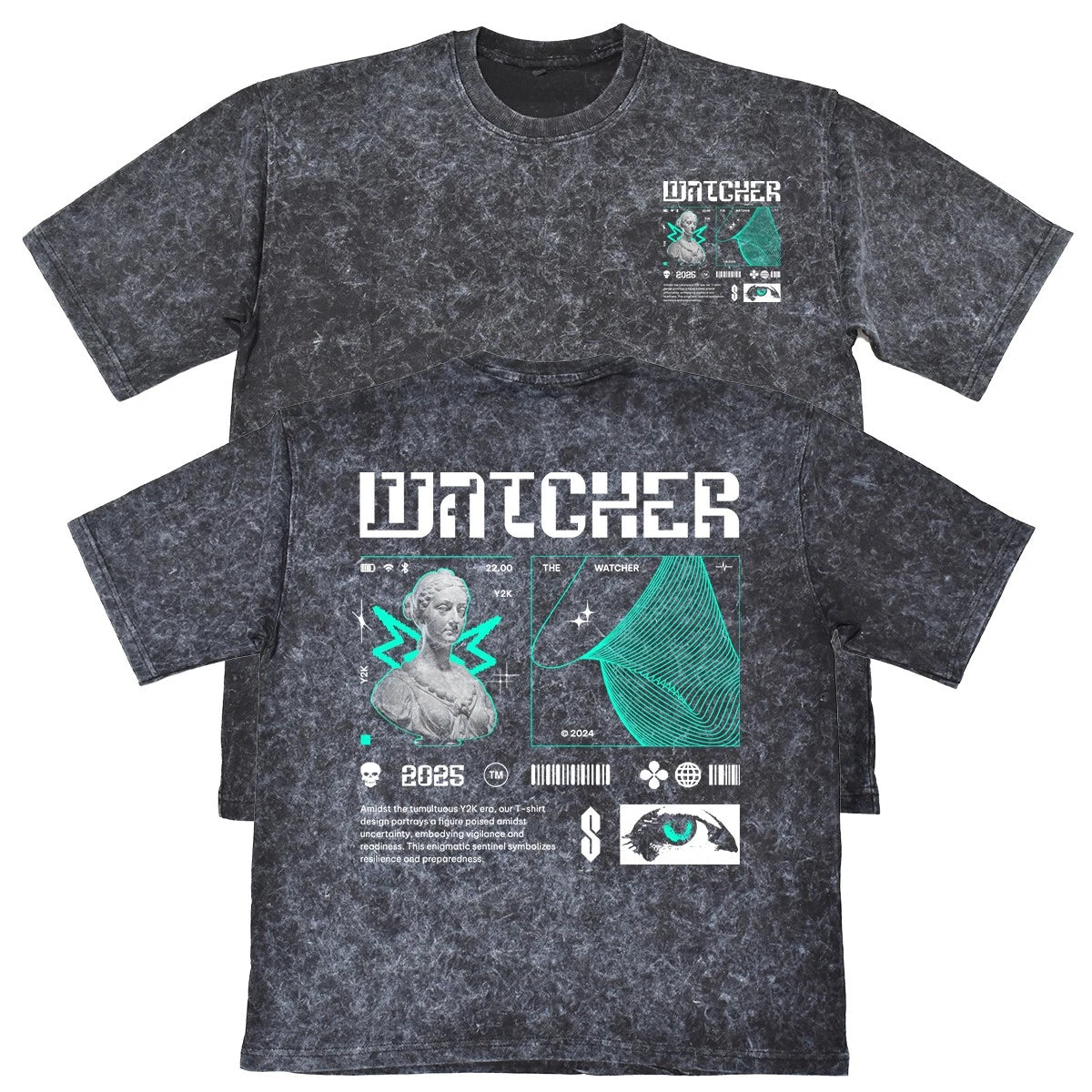 Watcher Unisex Mens Carbon Grey 240gsm French Terry Acid Wash T-Shirt Y2K