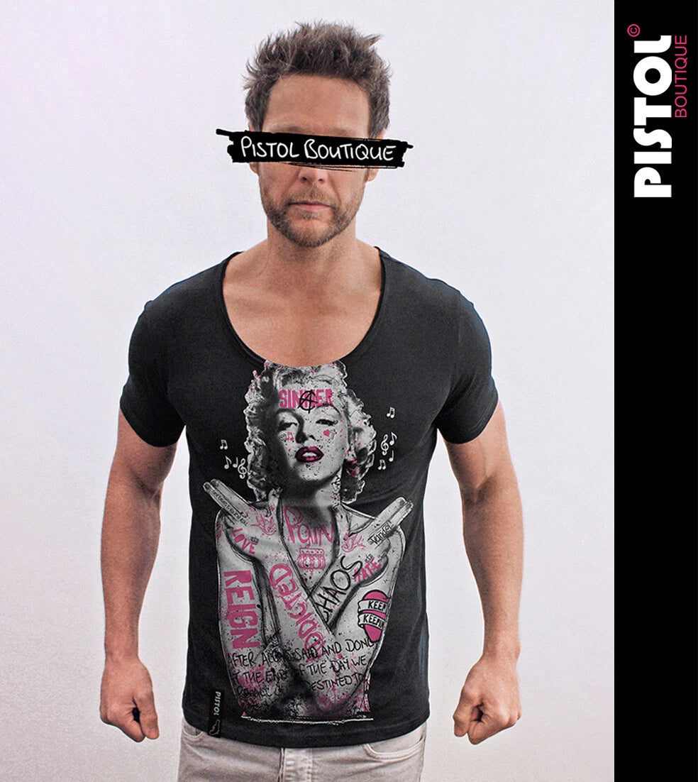 Pistol Boutique Men's Black Scoop Round Neck GRAFFITI TATTOOS MONROE T-shirt