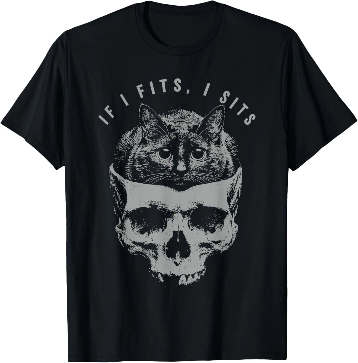 If It Fits I Sit Black Cat Skull Minimalist Meme Humor T-Shirt
