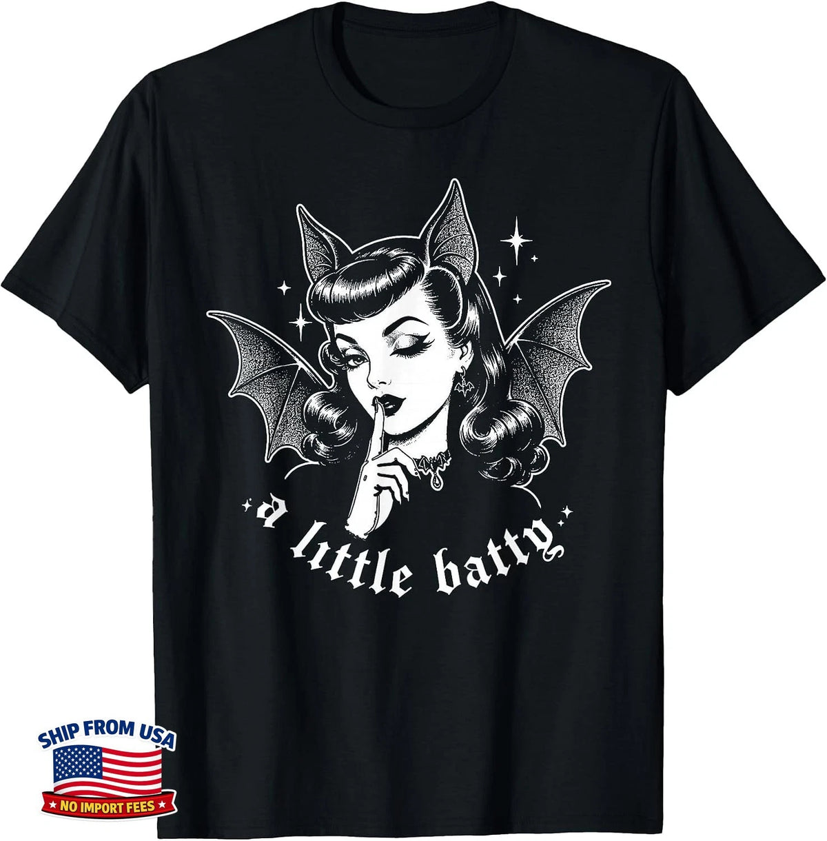 A Little Batty Retro Gothic Halloween Bat Girl Pinup T-Shirt Spooky Season Gift