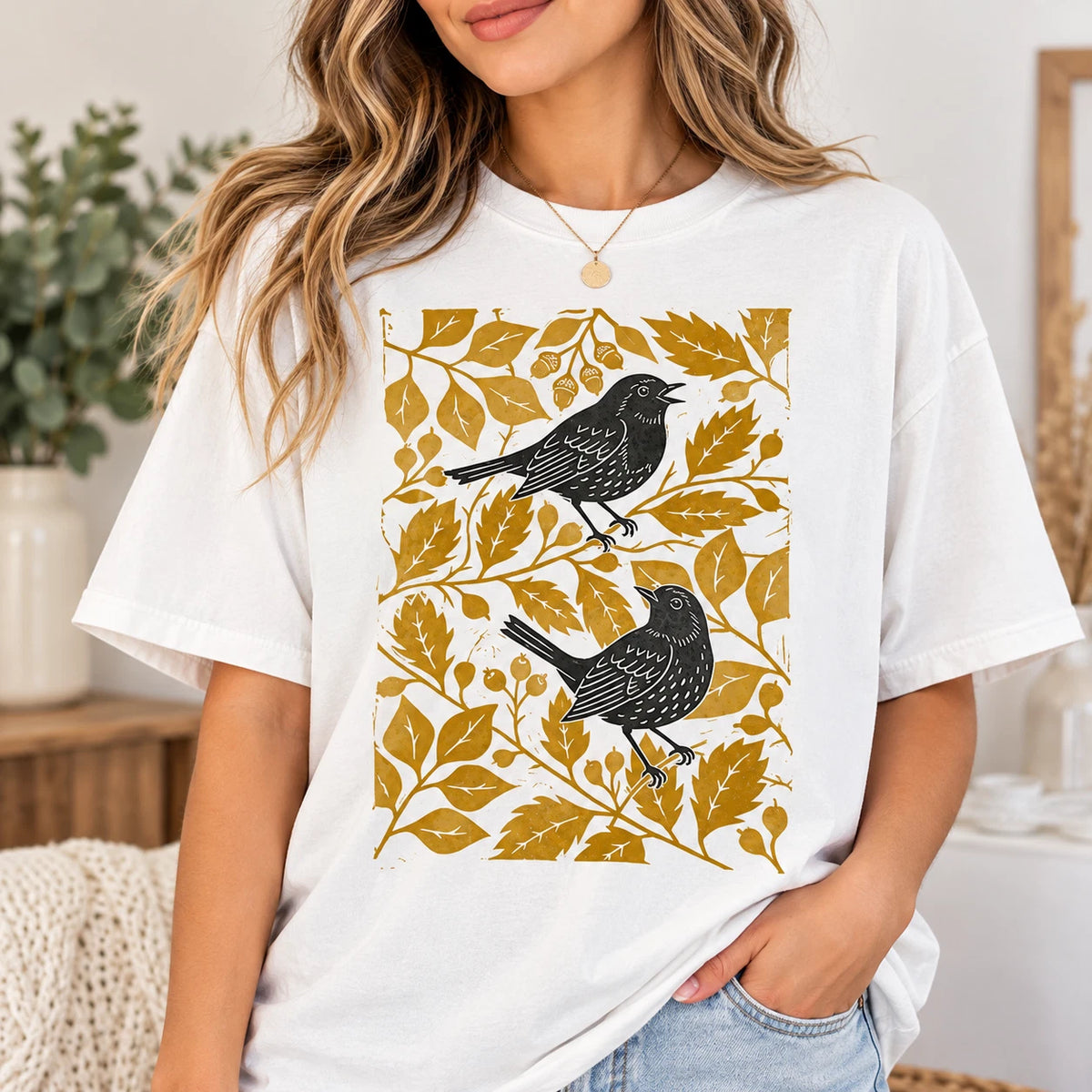 Vintage Songbird Graphic Tee Retro Botanical Bird Nature Shirt