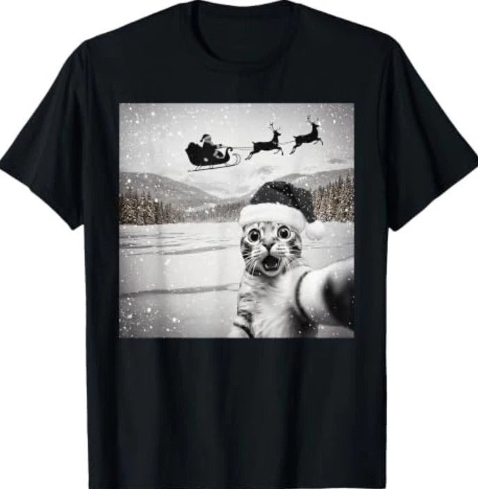 Cat Selfie with Santa Funny Christmas t T-Shirt