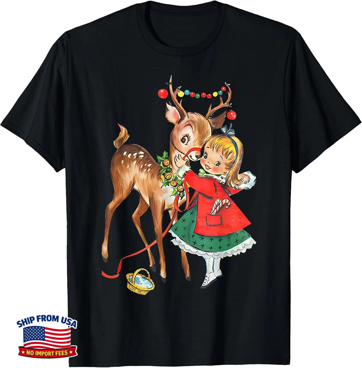 Retro Mid Century Christmas Reindeer and Girl Xmas T-Shirt