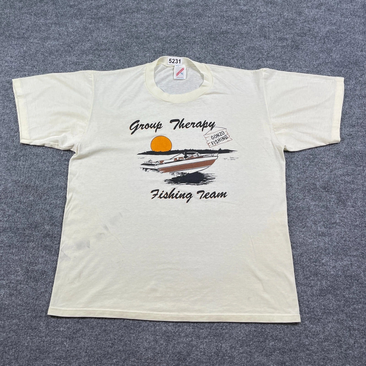 Vintage 80s Group Therapy Gonzo Fishing Team Shirt Large 22x26 Ivory