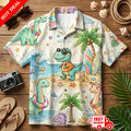 Cute Dinosaur Aloha Shirt Mens Tropical Beach Palm Trees Short Sleeve Button Up