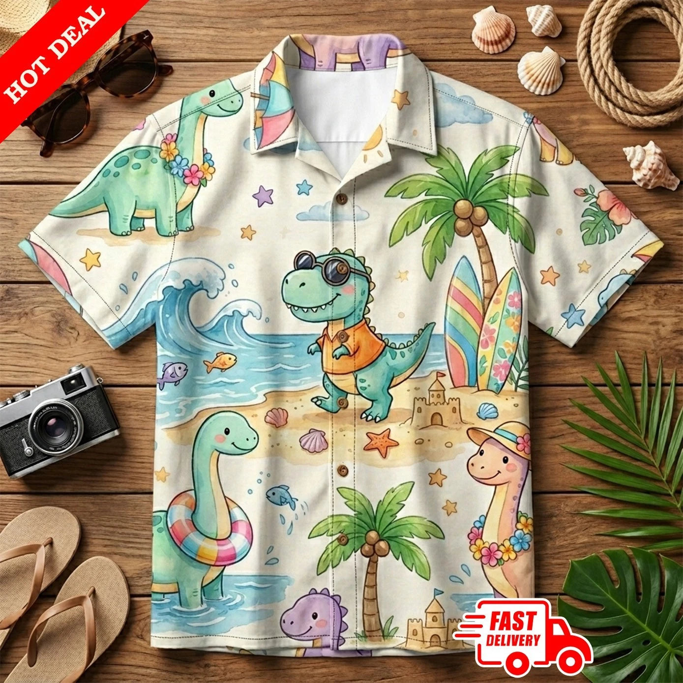 Cute Dinosaur Aloha Shirt Mens Tropical Beach Palm Trees Short Sleeve Button Up