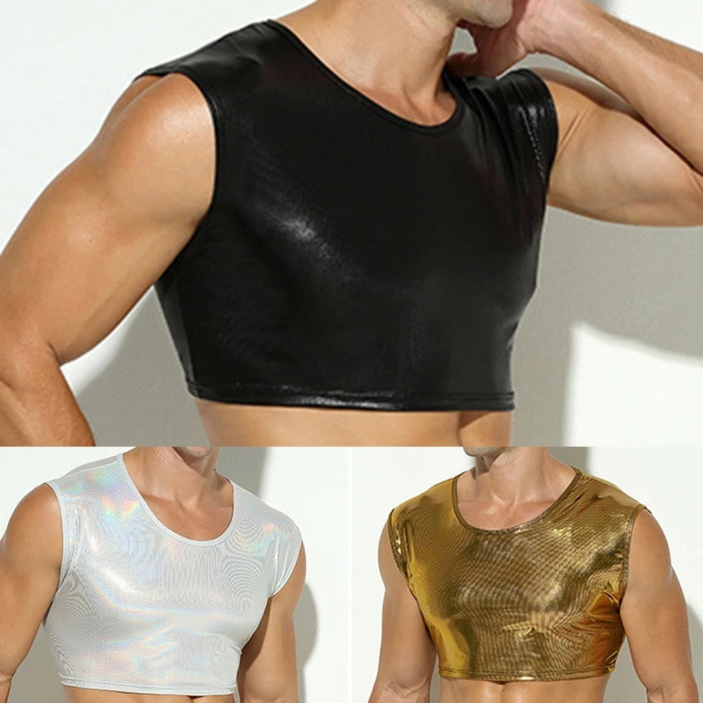 Mens Sleeveless Wet Look Shiny Faux Leather Crew Neck Crop Tops Blouse Tee Tops