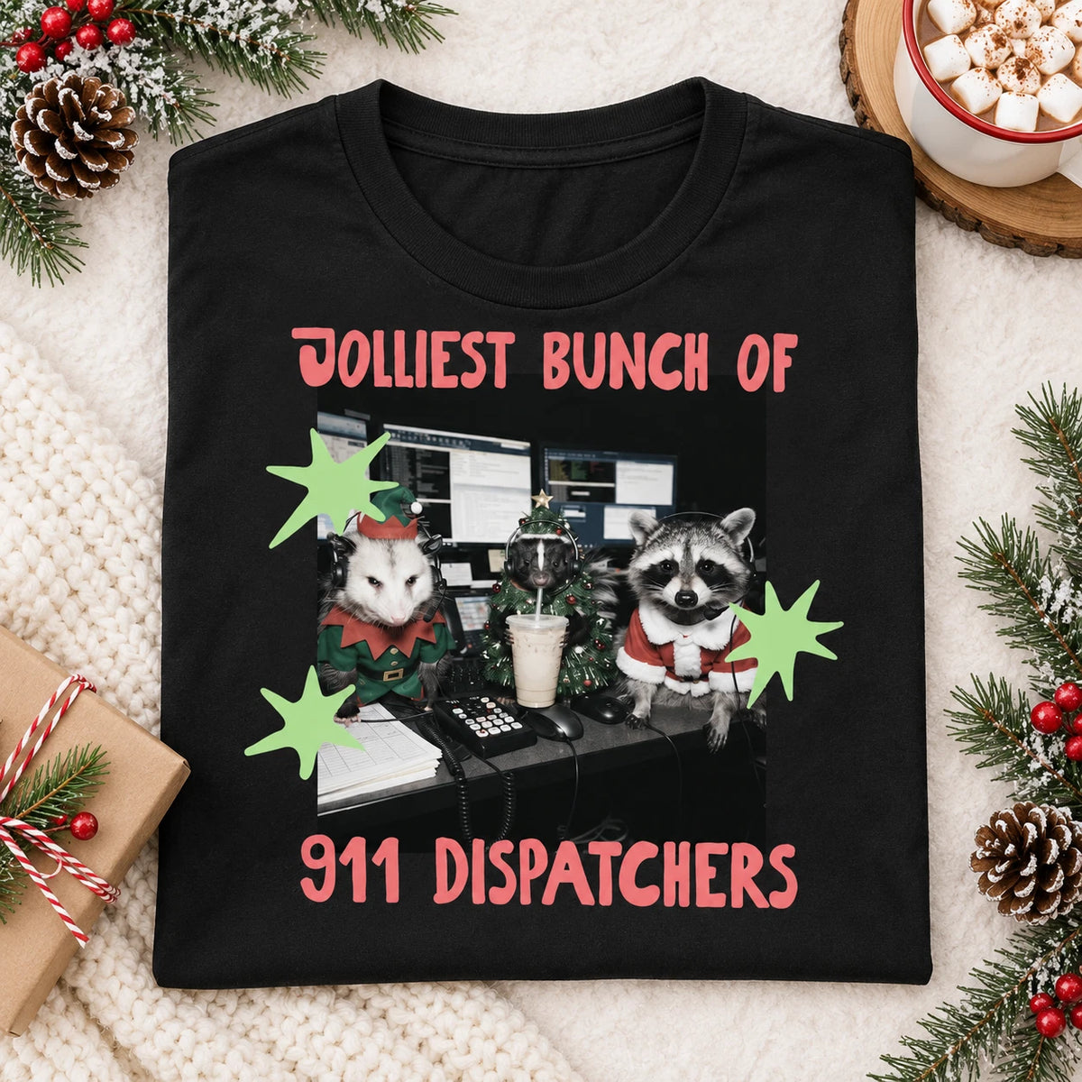 911 Dispatcher Christmas Shirt Funny Raccoon Top Unisex Graphic Tee