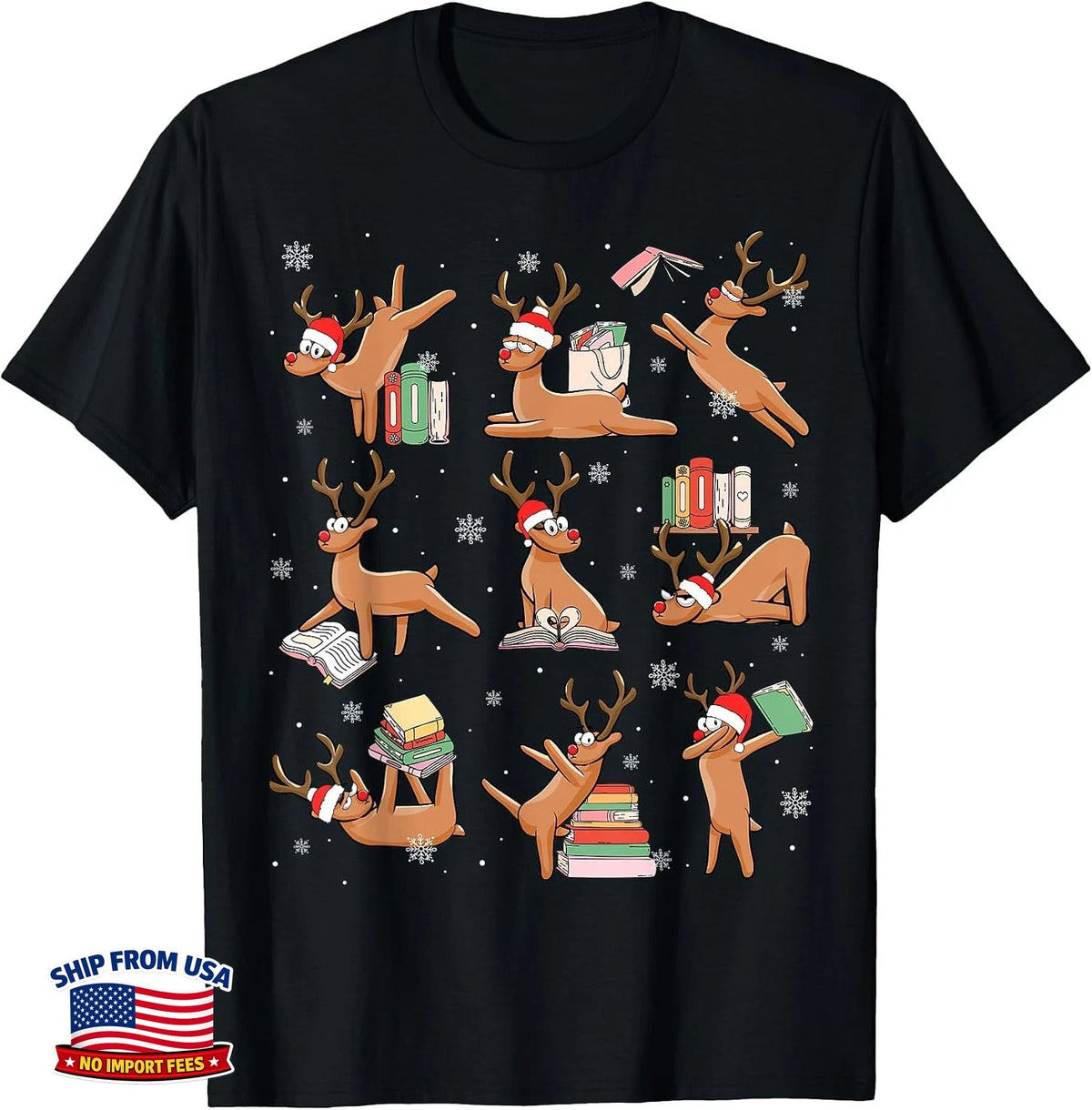 Christmas Reindeer Reading Bookworm Teacher Librarian Book T-Shirt Image 1 of 4