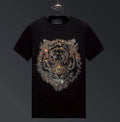 New Men Luxury Tiger Rhinestones Fashion Black White T-Shirt High Quality