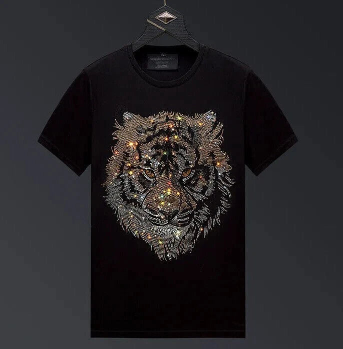 New Men Luxury Tiger Rhinestones Fashion Black White T-Shirt High Quality